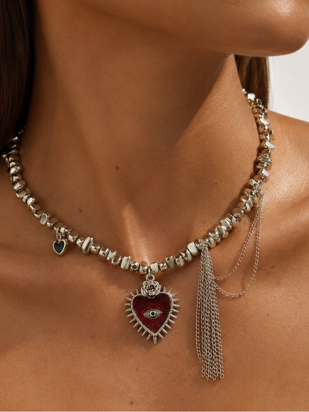 Trendy Silver Necklace with Red Heart Pendant